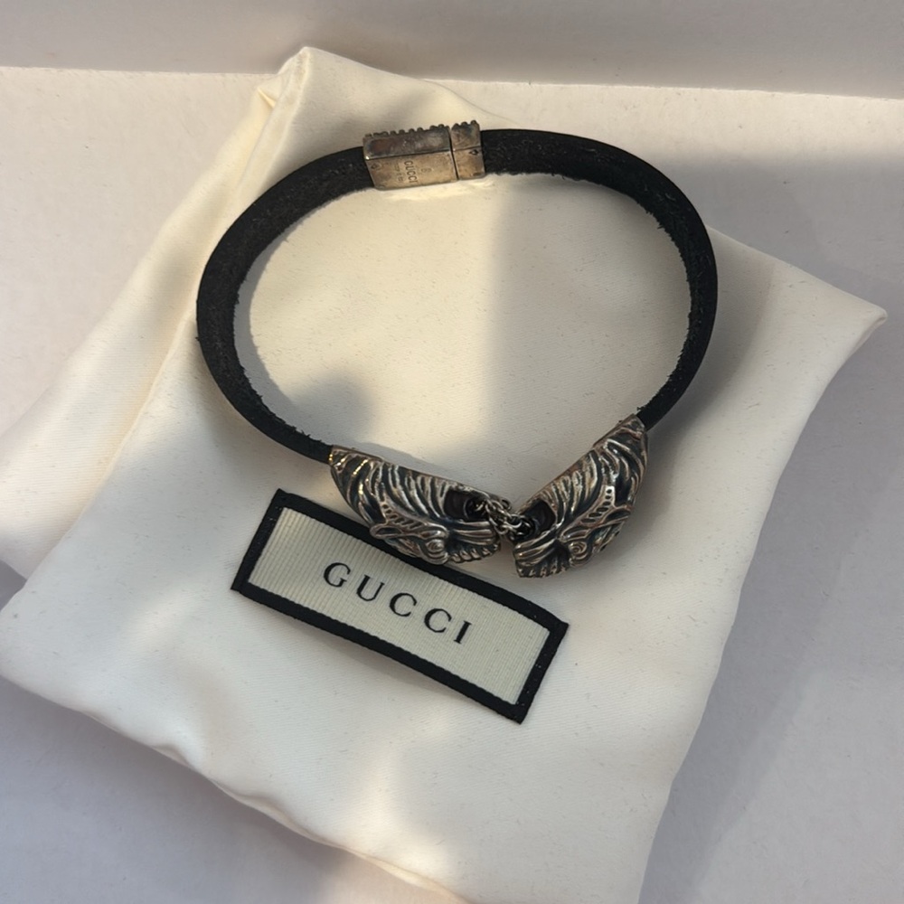 Mens gucci lion tiger bracelet leather metal